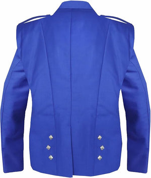Blue Prince Charlie Jacket with 3 Button Vest crafted from 15oz Barathea Wool, featuring black satin lapels, Rampant Lion buttons, and braided epaulets.