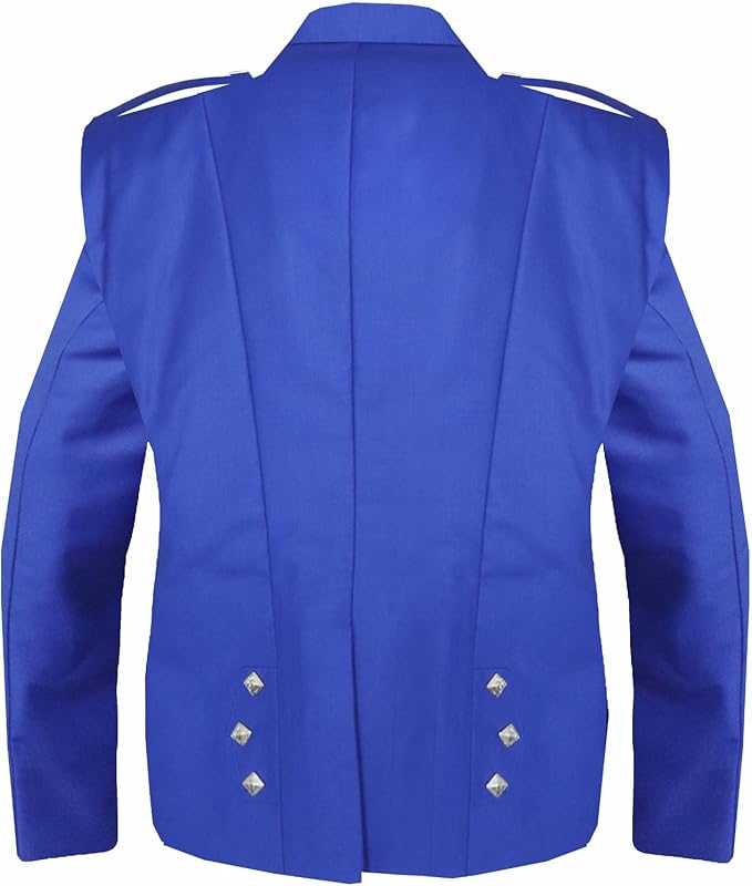 Blue Prince Charlie Jacket with 3 Button Vest crafted from 15oz Barathea Wool, featuring black satin lapels, Rampant Lion buttons, and braided epaulets.