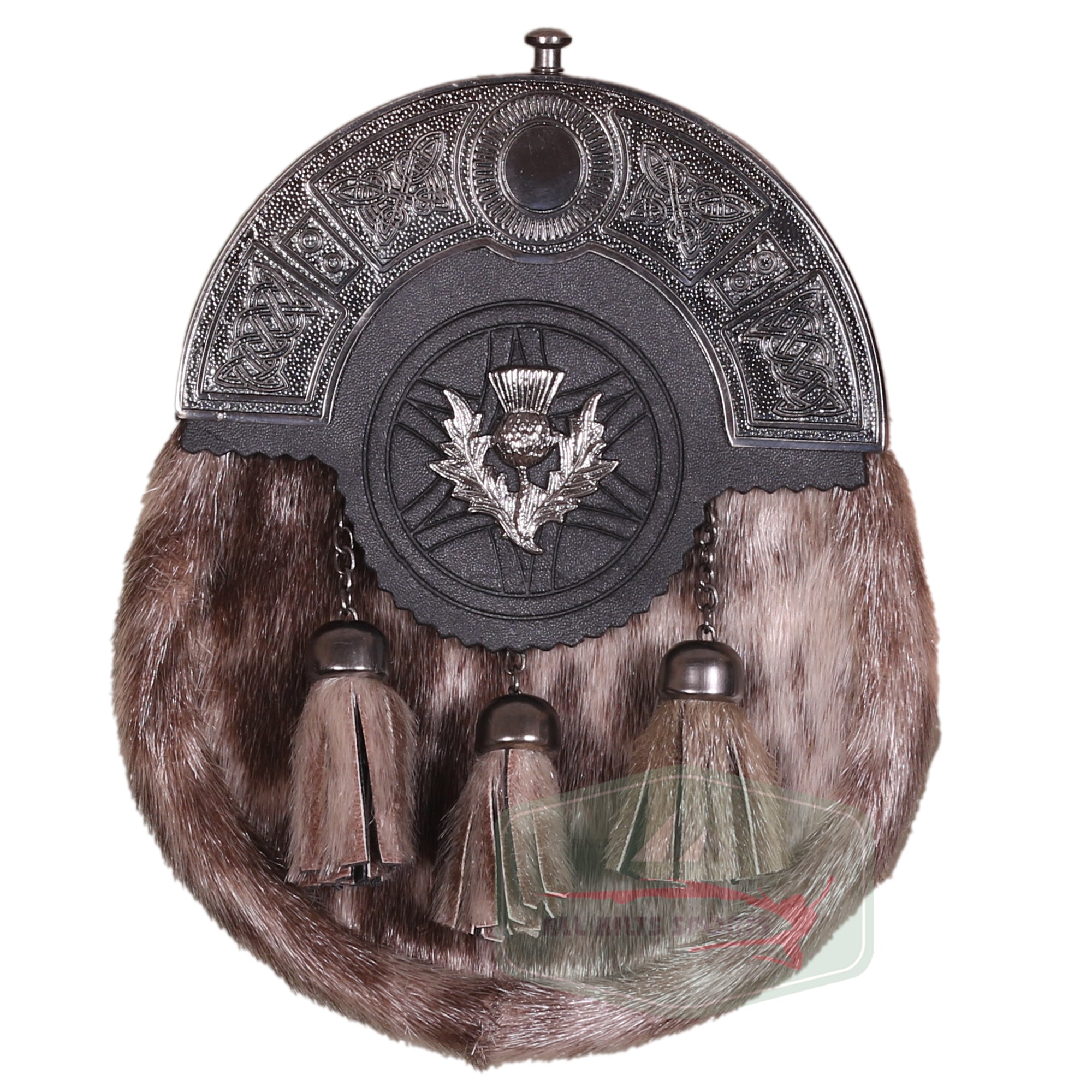 Scottish Thistle Full Dress Kilt Sporran with Metal Brass Badge – Cowhide Leather & Antique Finish Chain