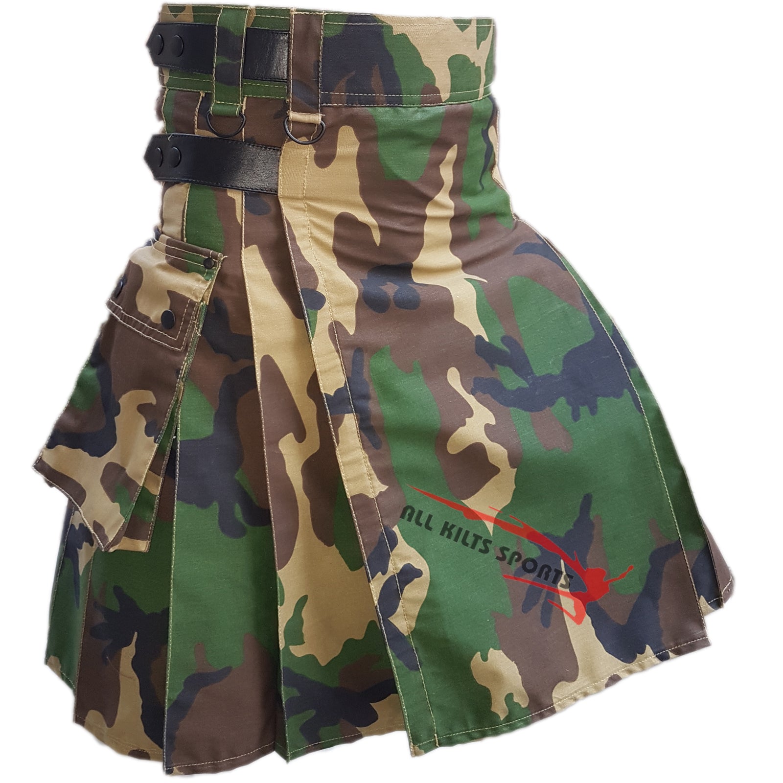 Men's Woodland Camo/Military Utility Kilt - Durable Heavy Drill Cotton, Four Leather Straps, Two Side Pockets