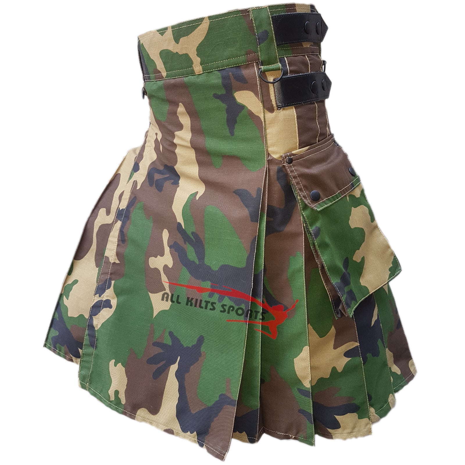 Men's Woodland Camo/Military Utility Kilt - Durable Heavy Drill Cotton, Four Leather Straps, Two Side Pockets