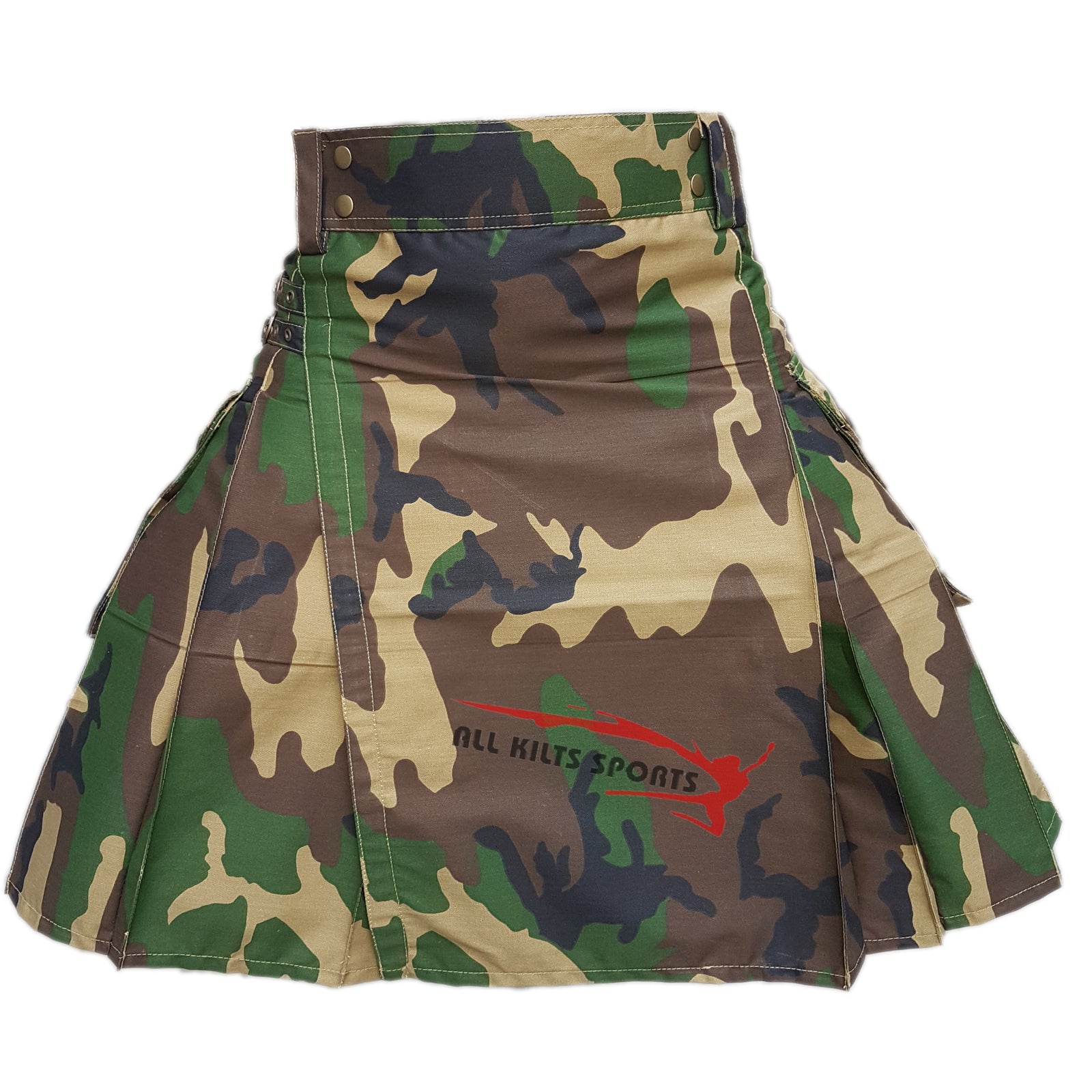New Woodland Camo Utility Kilt - Modern Design with Three Large Pockets