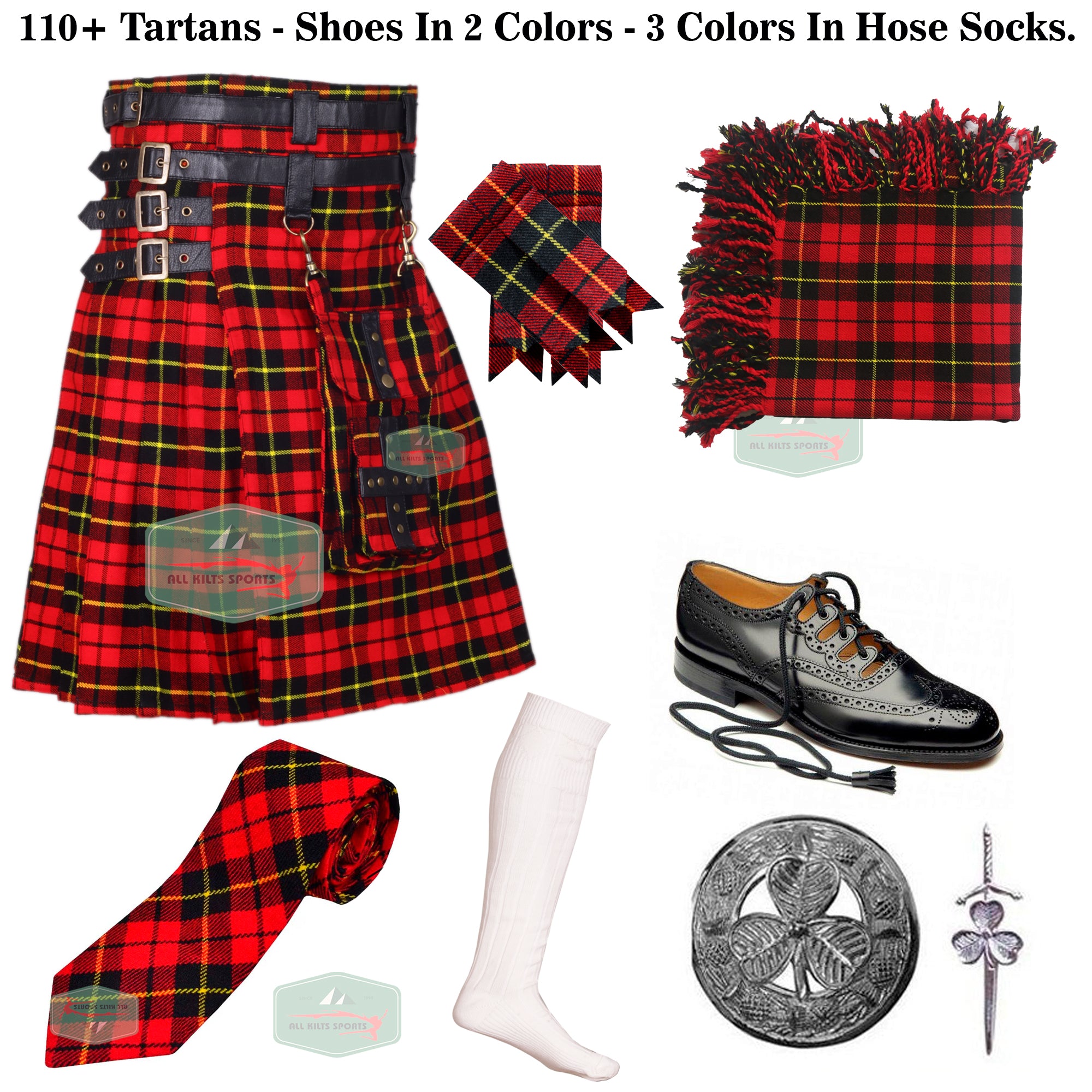 Modern Best Tartan Utility Kilt with Detachable Pockets - Complete Deal Including Accessories, 16Oz Acrylic Wool