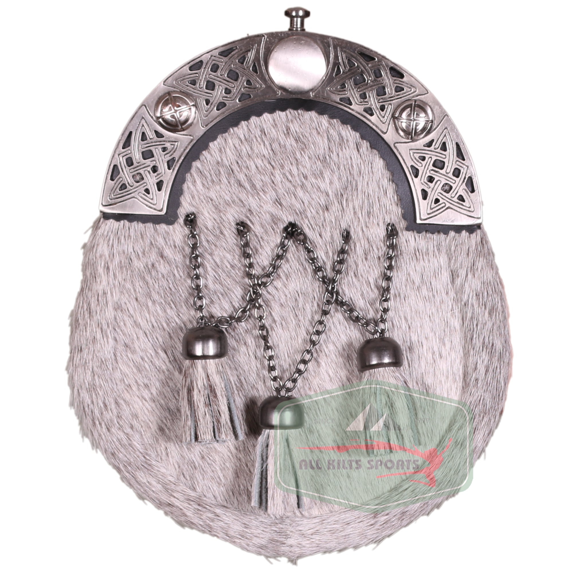 Traditional Grey Fur Sporran with Celtic Knot Cantle and Tassels