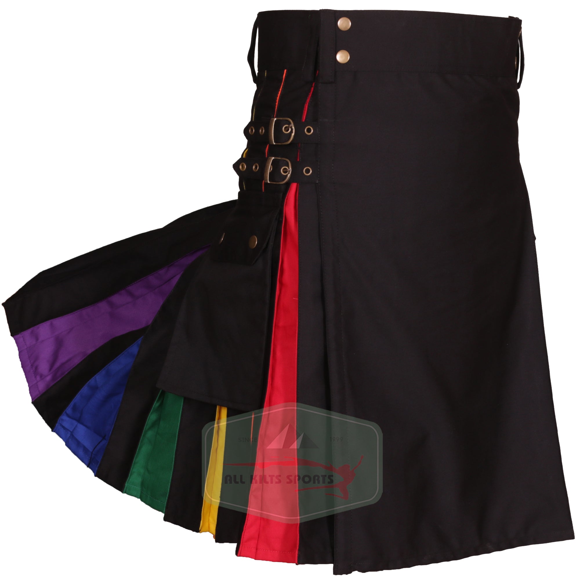 Stylish Black Rainbow Utility Kilt - Unique Rainbow Pleats, Durable 100% Cotton, Perfect for Any Occasion