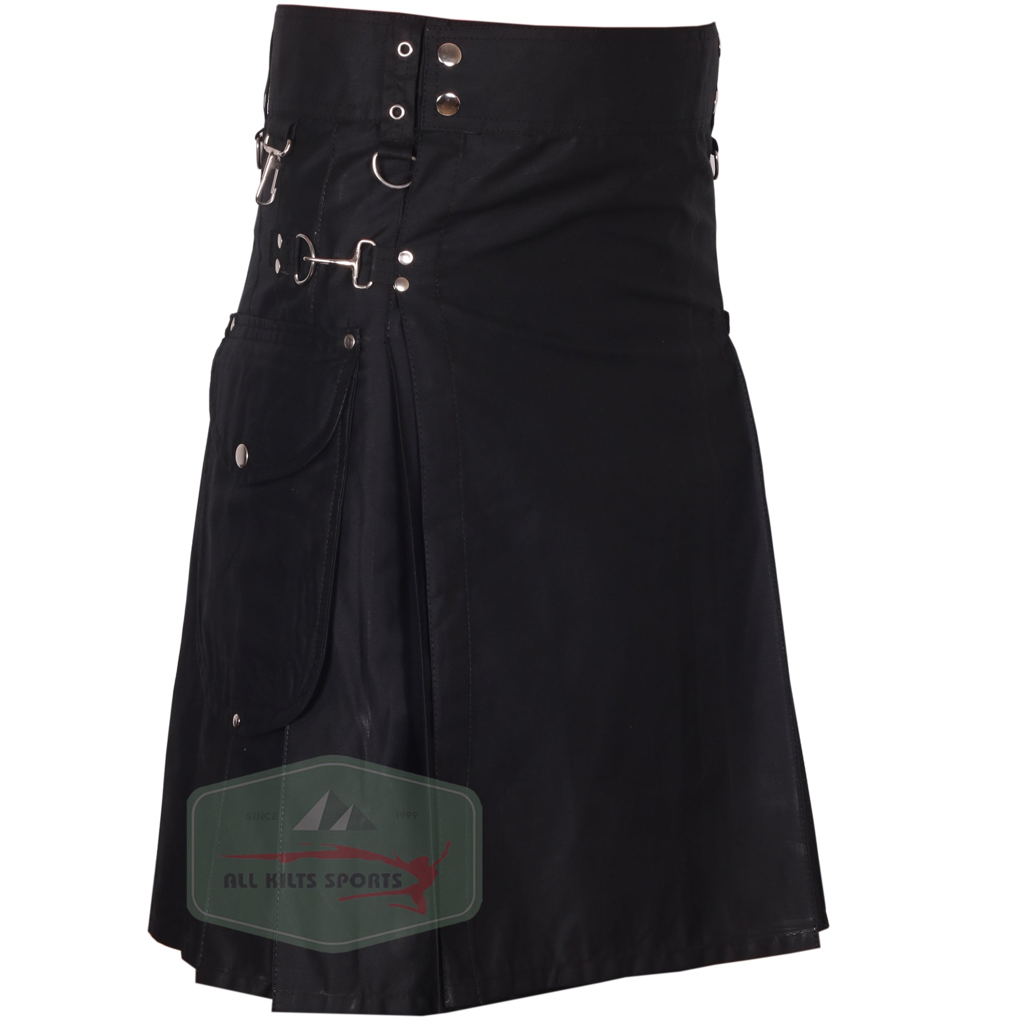 Stylish Black Cargo Utility Kilt with Two Large Pockets