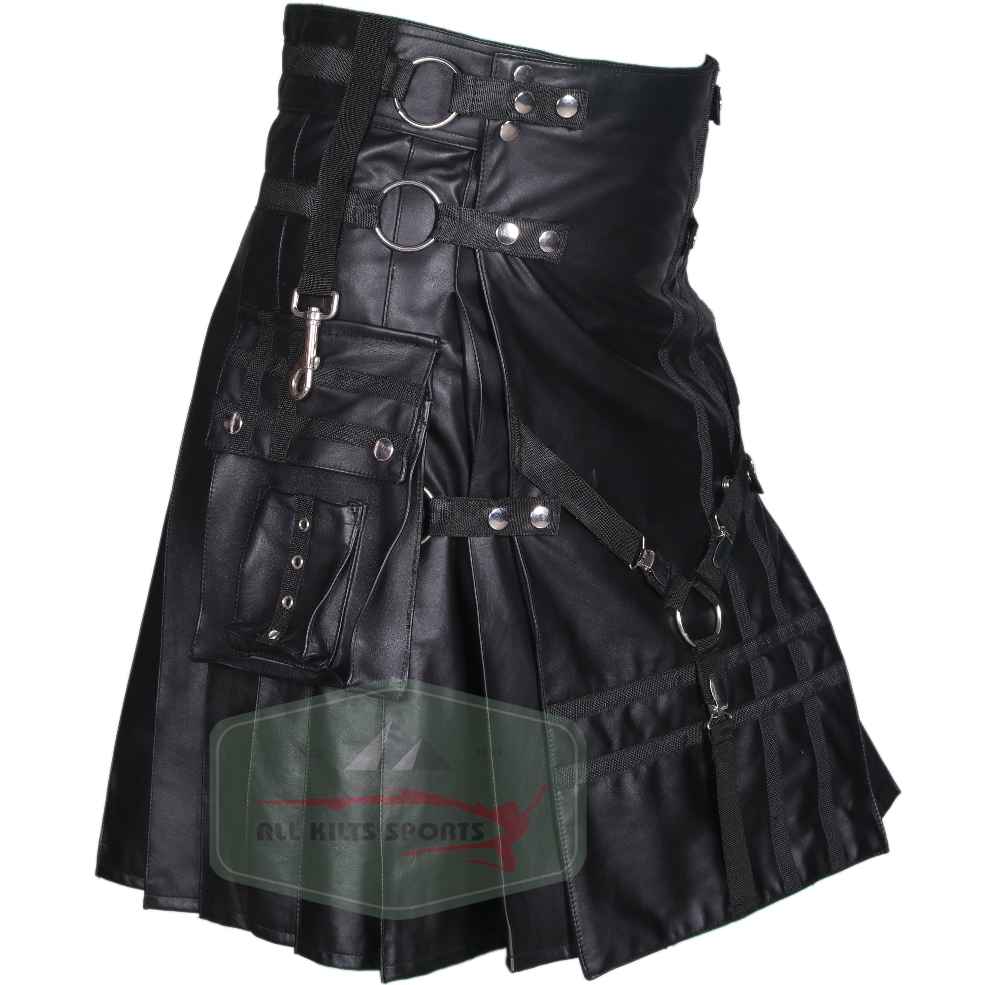 Premium Black Cowhide Leather Kilt with Dual Cargo Pockets