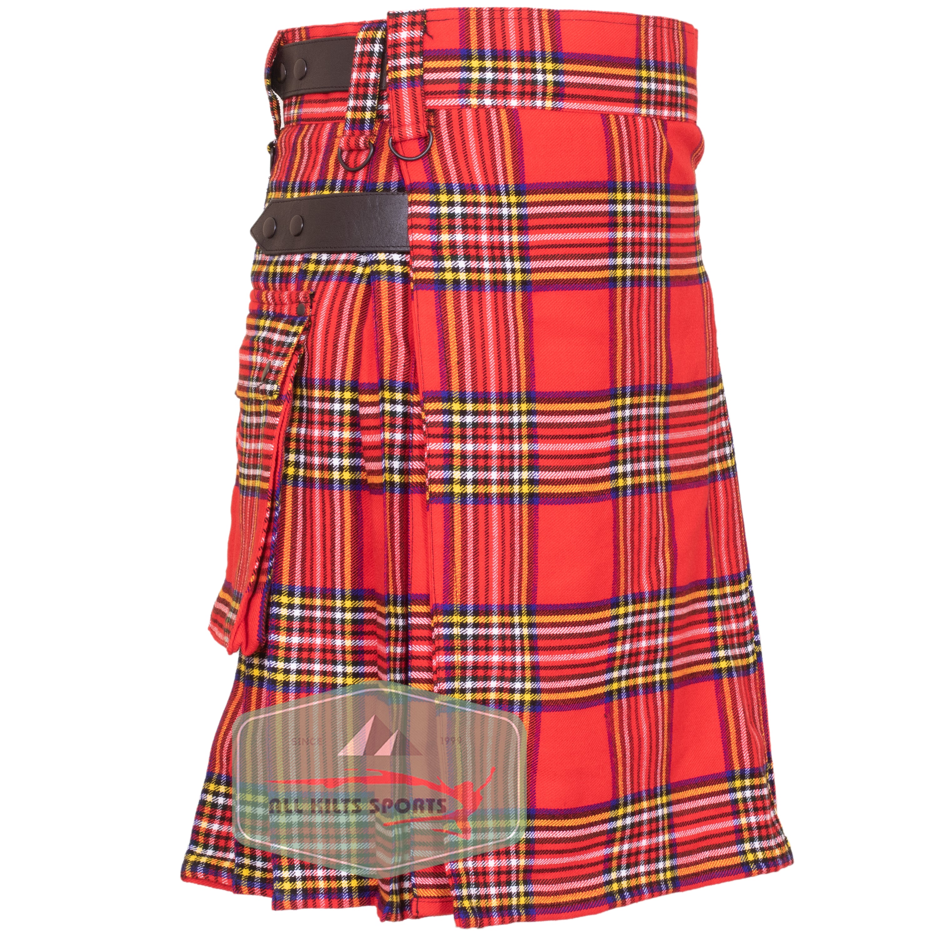 Royal Stewart Utility Kilt with Leather Straps and Cargo Pockets