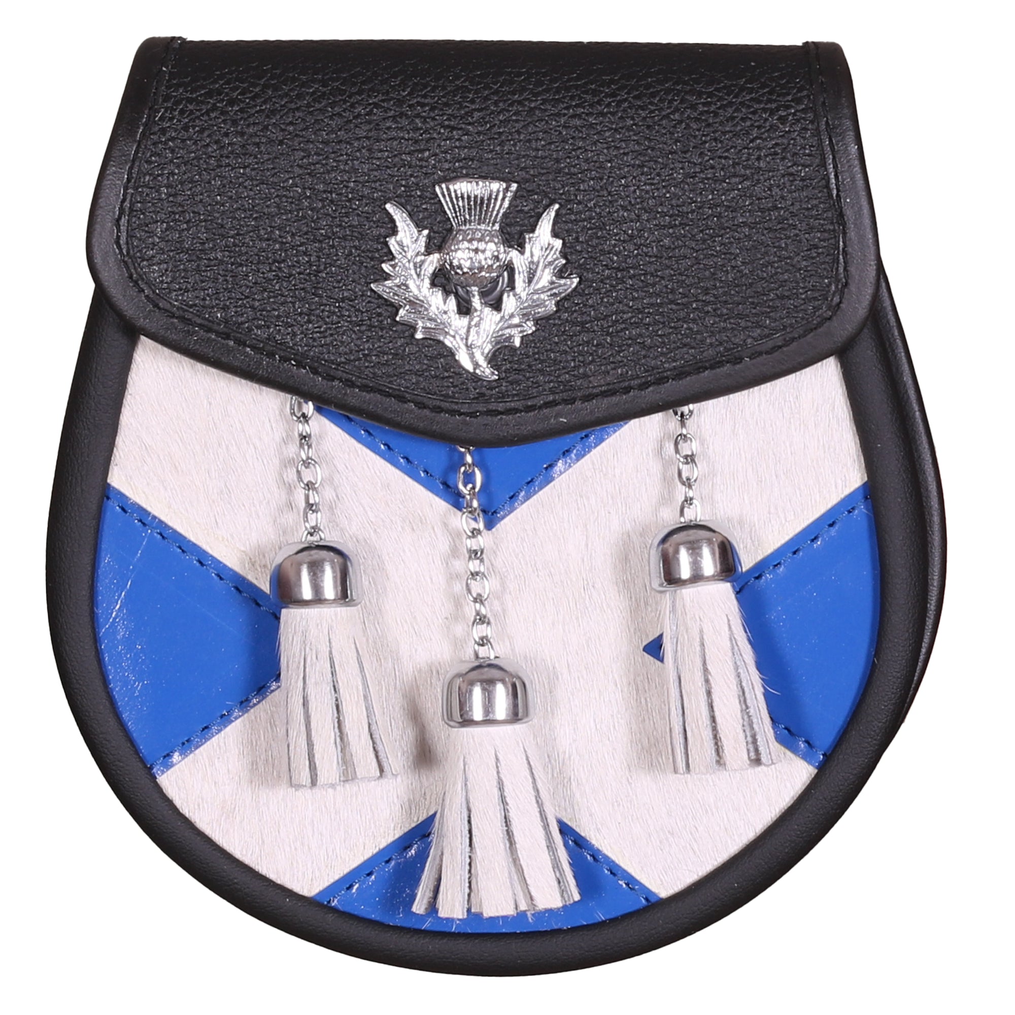 Scottish Saltire Sporran with White Fur and Blue Cross | Full Dress Thistle Emblem & Leather Strap Included