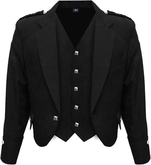 Scottish Black Argyll Kilt Jacket with Vest, made from 15oz Barathea wool, featuring gauntlet cuffs, plaited epaulettes, and imitation staghorn buttons.