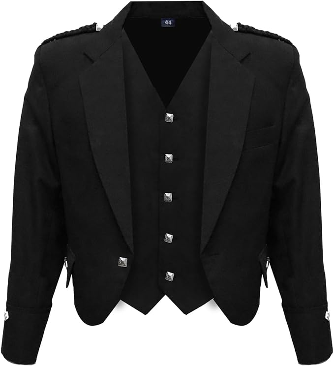 Scottish Black Argyll Kilt Jacket with Vest, made from 15oz Barathea wool, featuring gauntlet cuffs, plaited epaulettes, and imitation staghorn buttons.