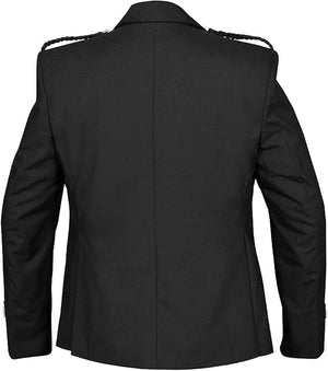 Scottish Black Argyll Kilt Jacket with Vest, made from 15oz Barathea wool, featuring gauntlet cuffs, plaited epaulettes, and imitation staghorn buttons.