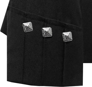 Scottish Black Argyll Kilt Jacket with Vest, made from 15oz Barathea wool, featuring gauntlet cuffs, plaited epaulettes, and imitation staghorn buttons.