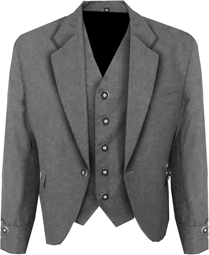 Grey Argyll Kilt Jacket with gauntlet cuffs and traditional 5-button vest