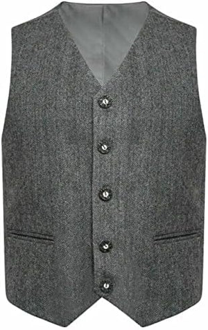 Scottish Grey Tweed Argyll Highland Kilt Jacket and Waistcoat with Argyle cuffs, plaited epaulettes, and single-button fastening in 100% wool.