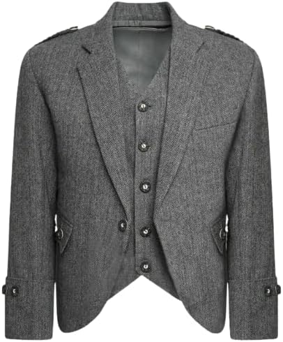 Scottish Grey Tweed Argyll Highland Kilt Jacket and Waistcoat with Argyle cuffs, plaited epaulettes, and single-button fastening in 100% wool.