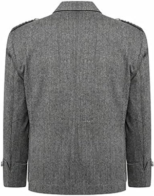 Scottish Grey Tweed Argyll Highland Kilt Jacket and Waistcoat with Argyle cuffs, plaited epaulettes, and single-button fastening in 100% wool.