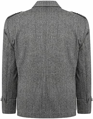 Scottish Grey Tweed Argyll Highland Kilt Jacket and Waistcoat with Argyle cuffs, plaited epaulettes, and single-button fastening in 100% wool.