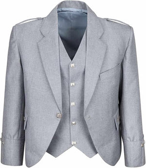 Scottish Light Grey Argyll Kilt Jacket and Vest made from 15oz Barathea wool