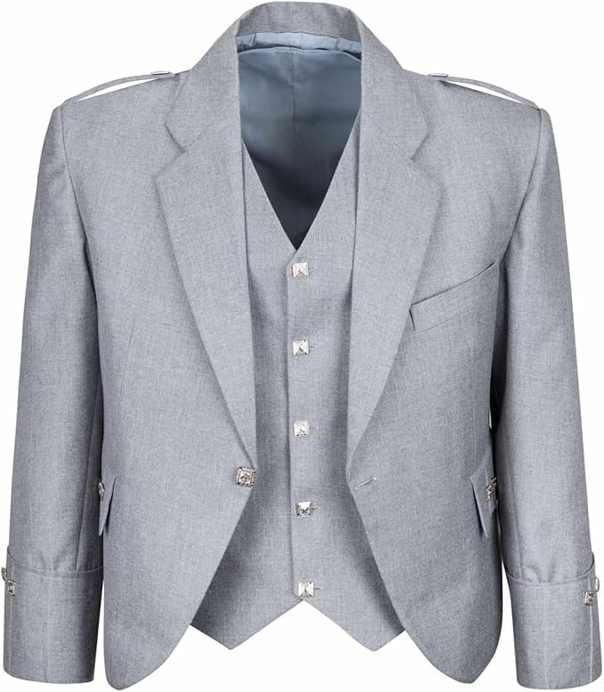 Scottish Light Grey Argyll Kilt Jacket and Vest made from 15oz Barathea wool
