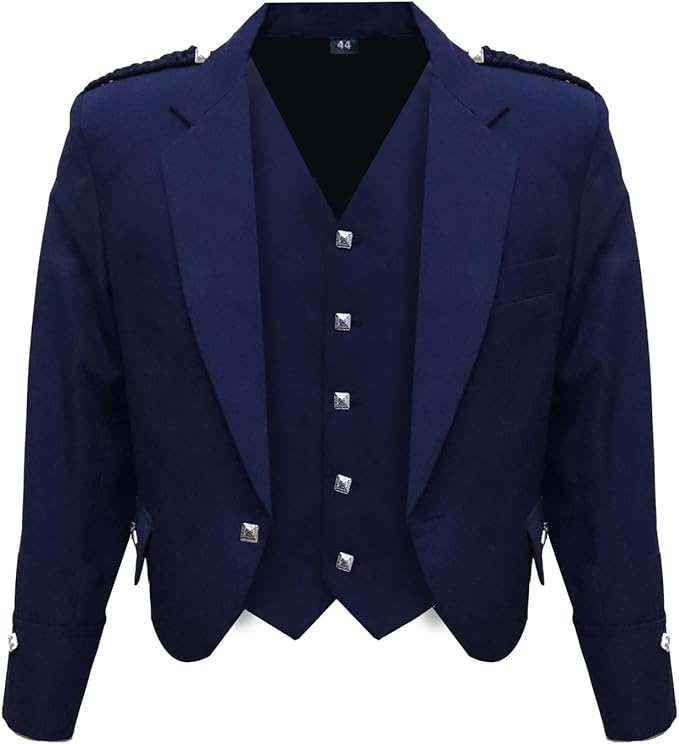 Scottish Royal Blue Argyll Kilt Jacket and Vest made from 15oz Barathea wool with gauntlet cuffs
