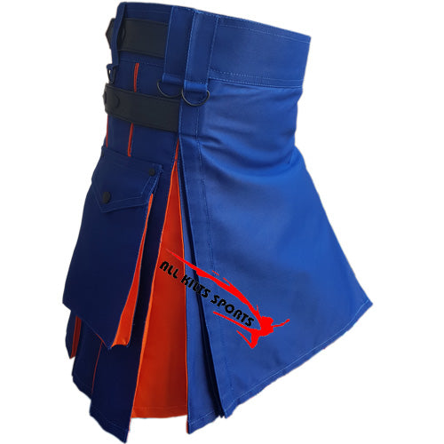 Blue & Orange Two Tone Hybrid Kilt - Custom Made, 100% Cotton, Spacious Pockets, Lifetime Material Guarantee
