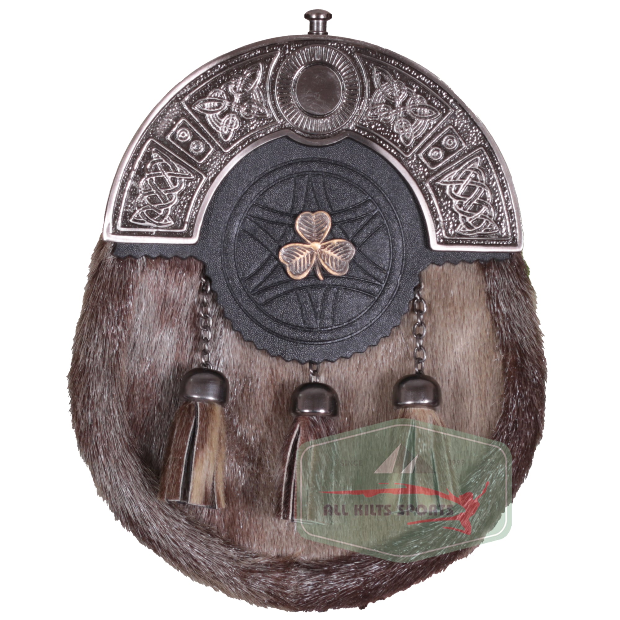 Traditional Fur Sporran with Shamrock Emblem and Celtic Embossed Cantle