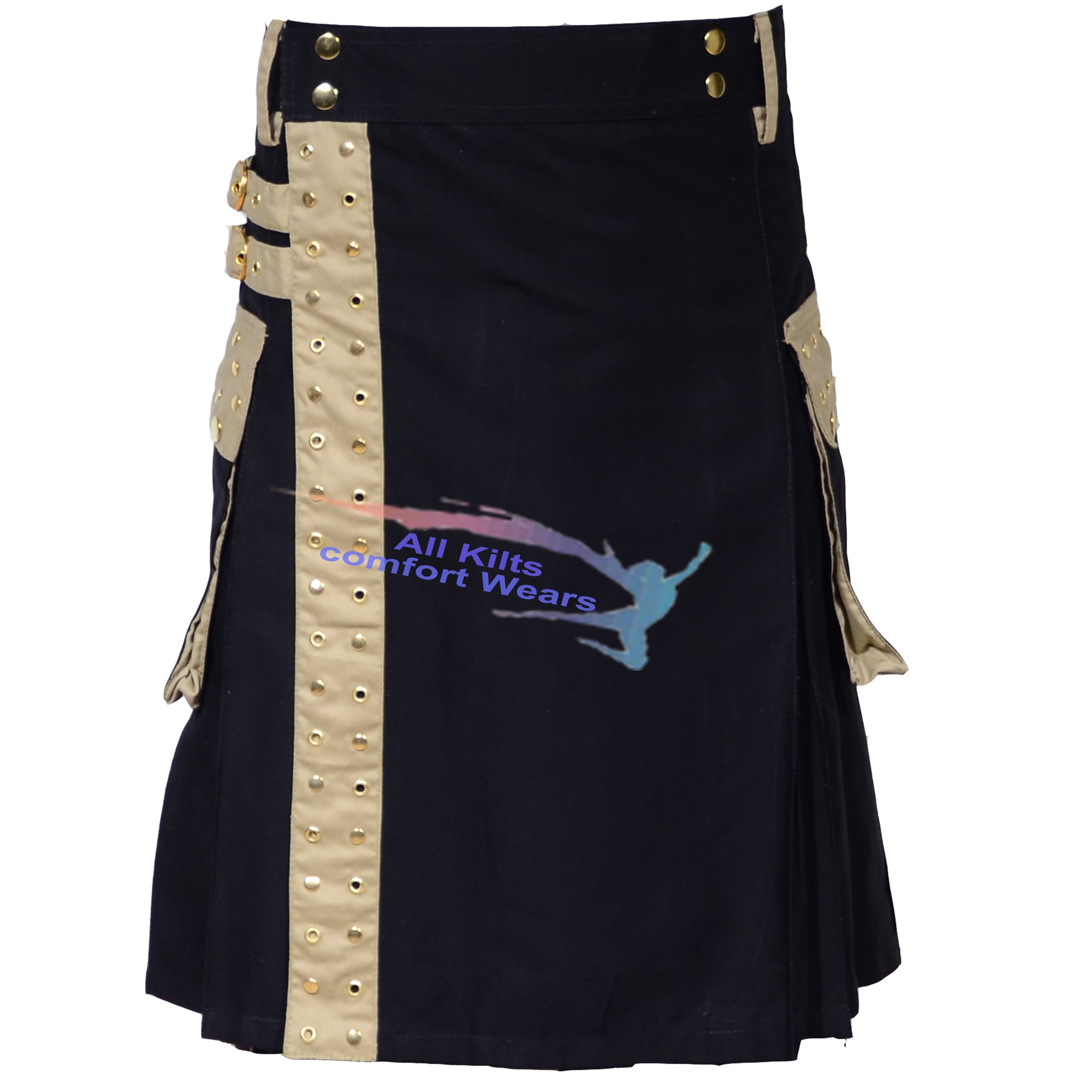 Stylish Modern Utility Kilt with Golden Rivets – Custom Black Design