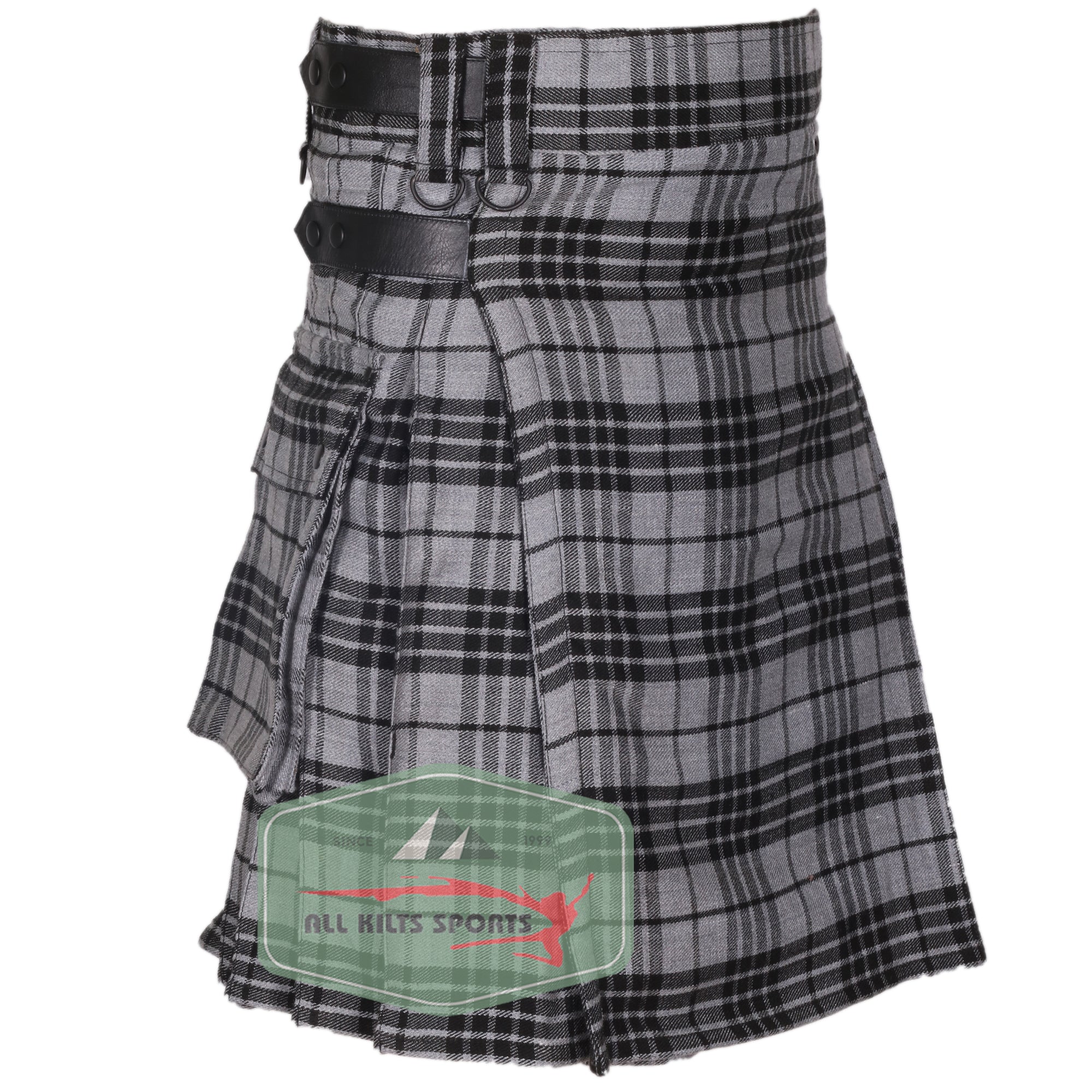 Light Grey Highlander Utility Kilt with Leather Straps and Cargo Pockets