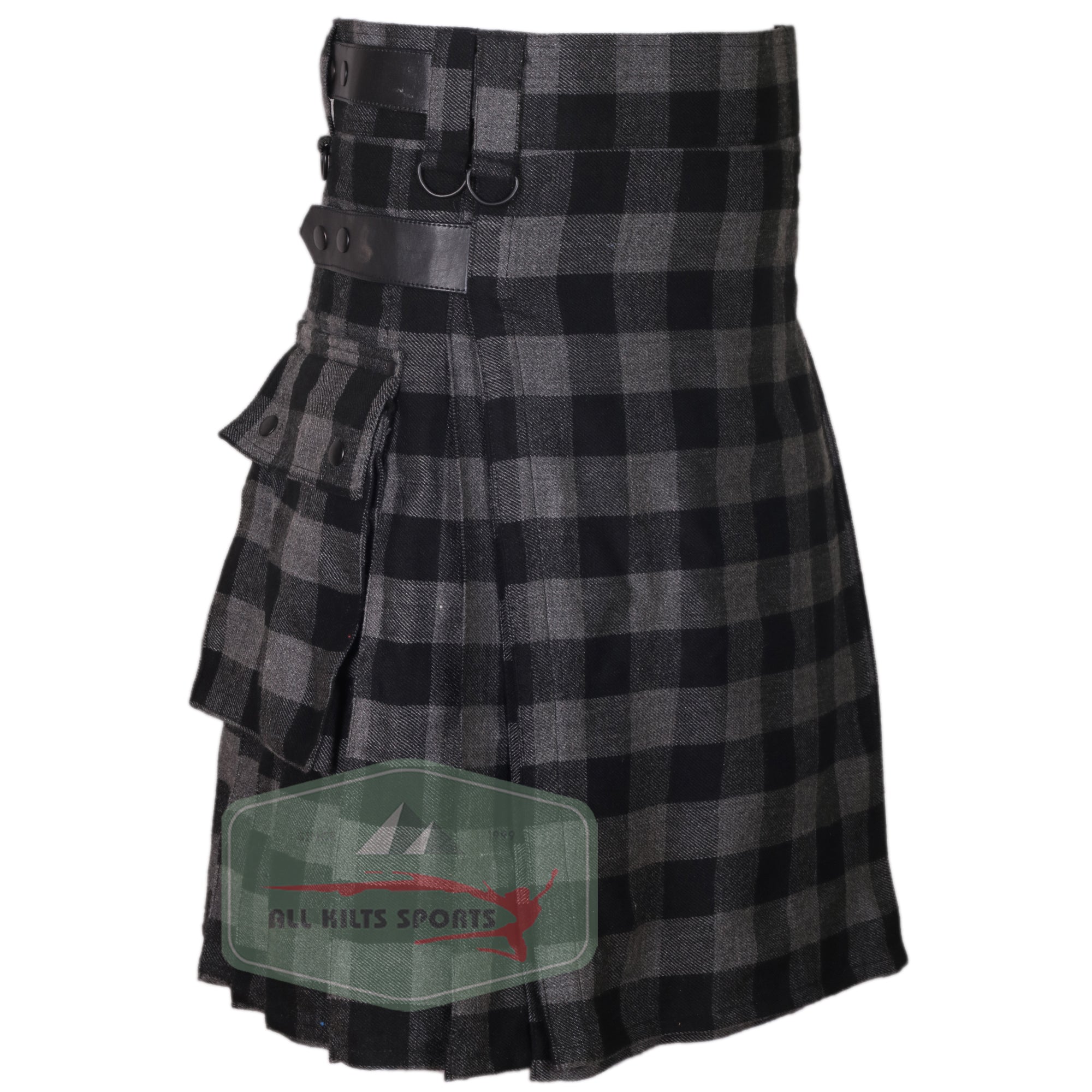 Buffalo Grey/Black Utility Kilt with Leather Straps and Cargo Pockets