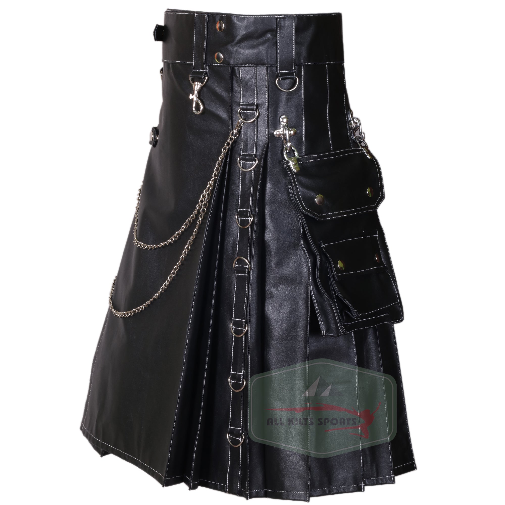 Stylish Black Genuine Cowhide Soft Leather Stud Kilt