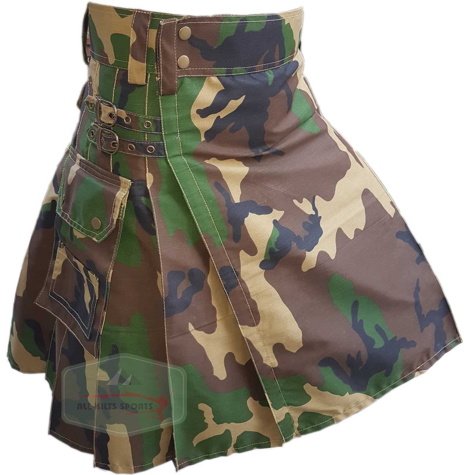 New Woodland Camo Utility Kilt - Modern Design with Three Large Pockets