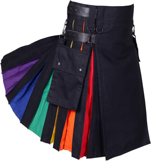 Black Leather Straps Rainbow Pleats Utility Kilts for Men