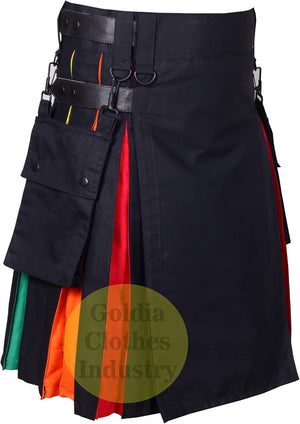 Black Leather Straps Rainbow Pleats Utility Kilts for Men