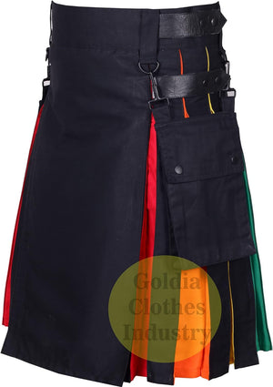 Black Leather Straps Rainbow Pleats Utility Kilts for Men