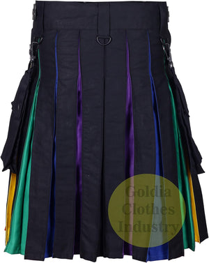 Black Leather Straps Rainbow Pleats Utility Kilts for Men