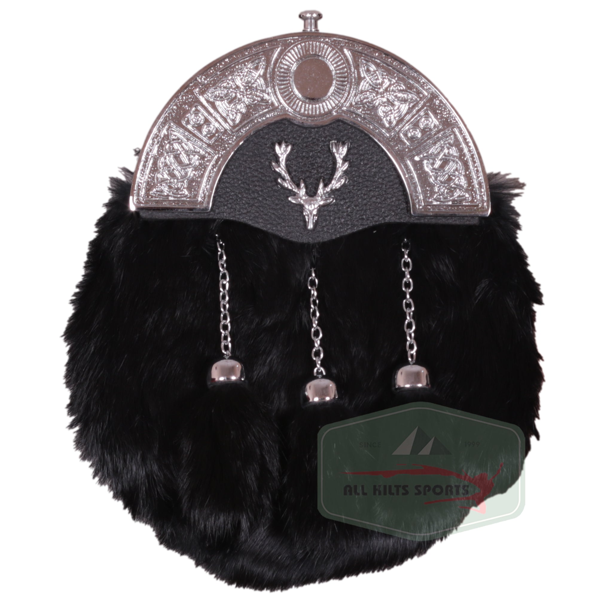 Black Rabbit Fur Sporran with Stag Head Emblem and Embossed Chrome Cantle