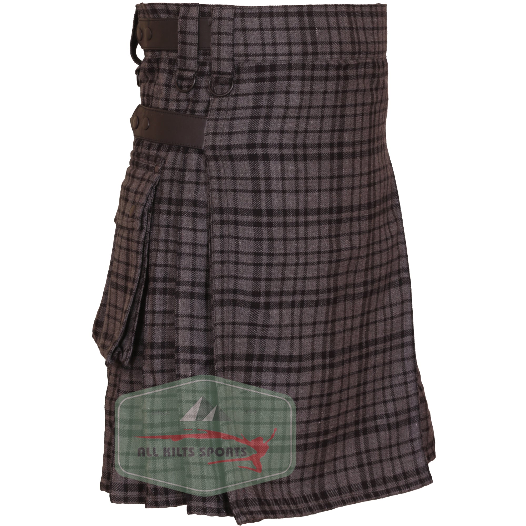 Black Shadow Utility Kilt with Leather Straps and Cargo Pockets