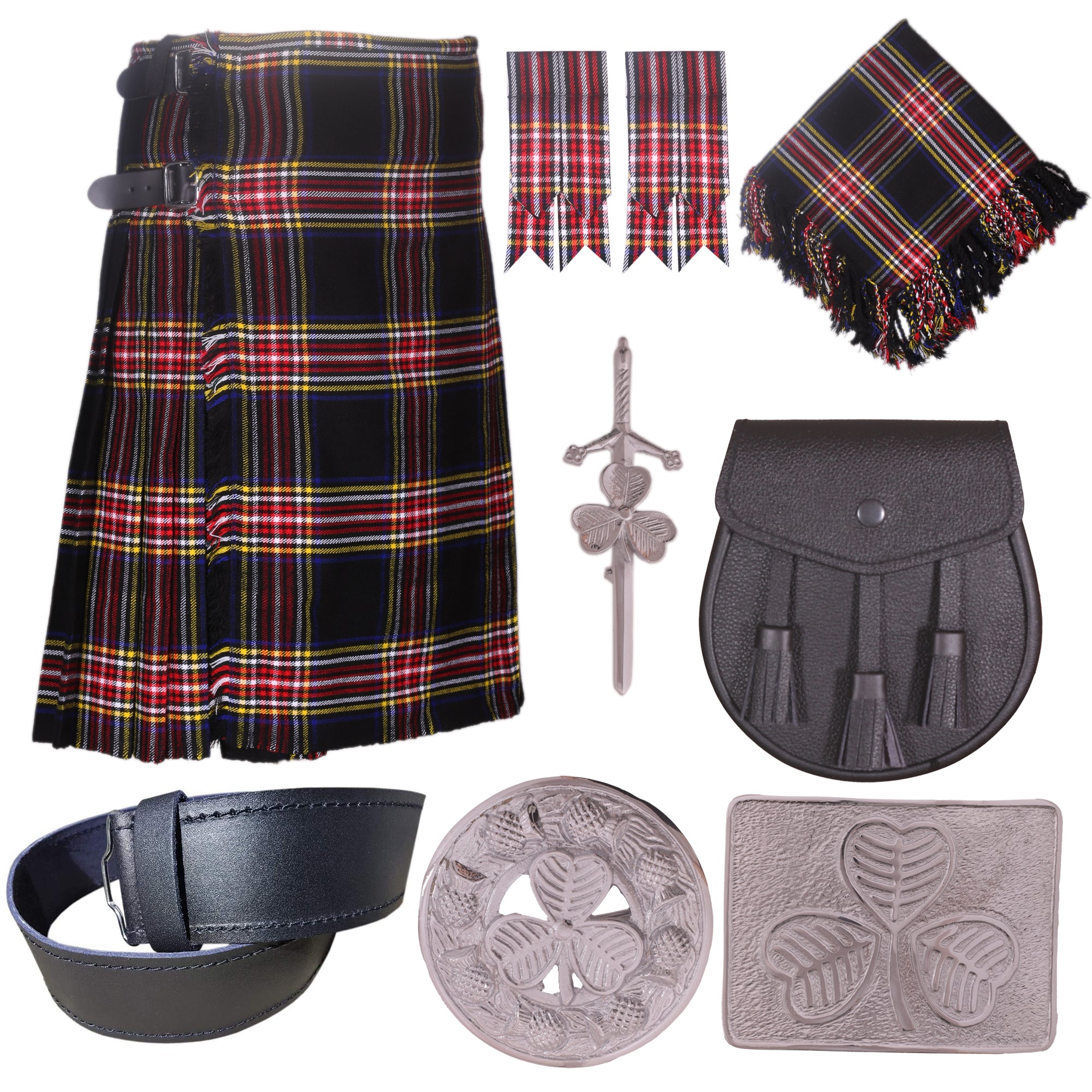 Black Stewart Outfit in Various Tartans - Complete 8-Piece Set