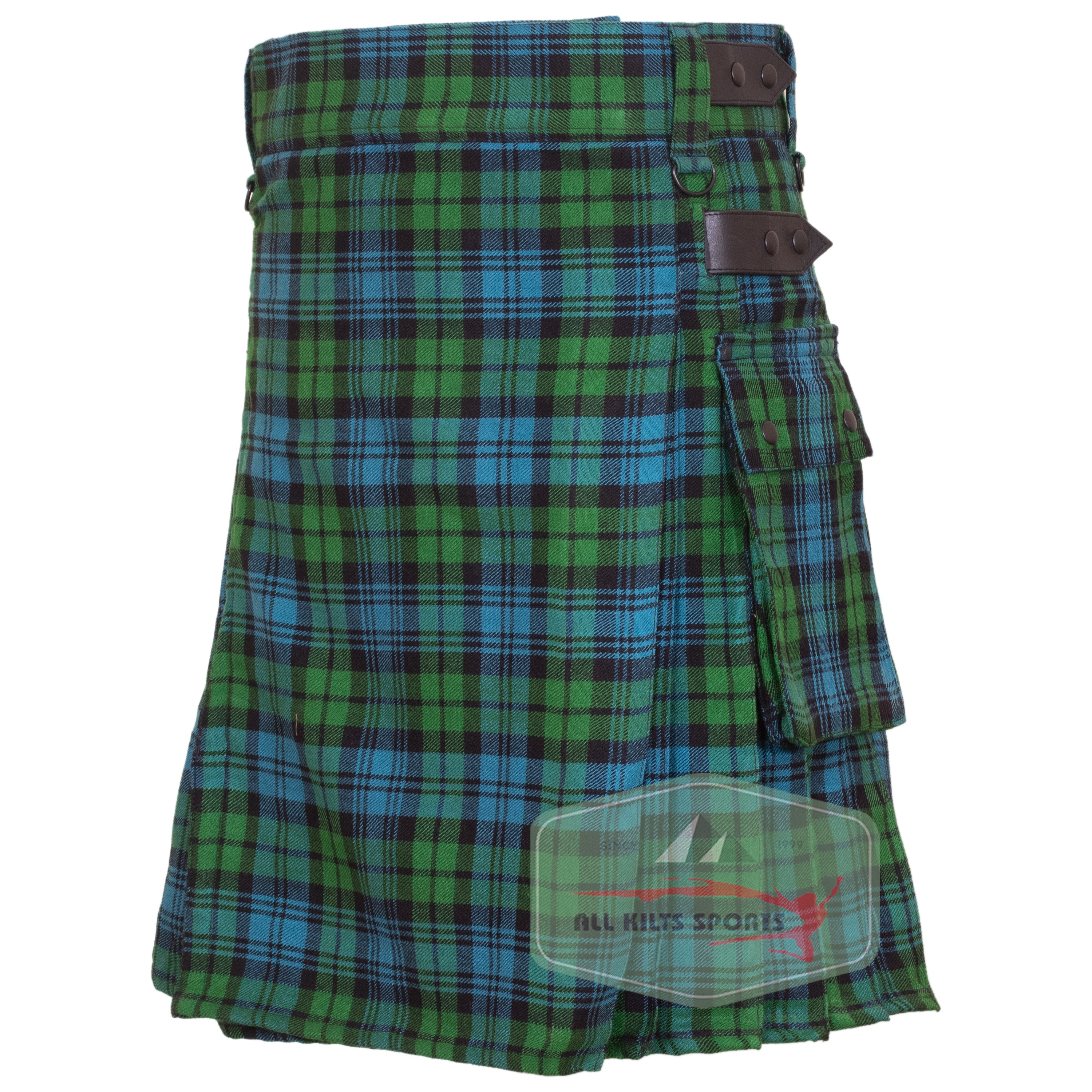 Black Watch Utility Kilt with Leather Straps and Cargo Pockets