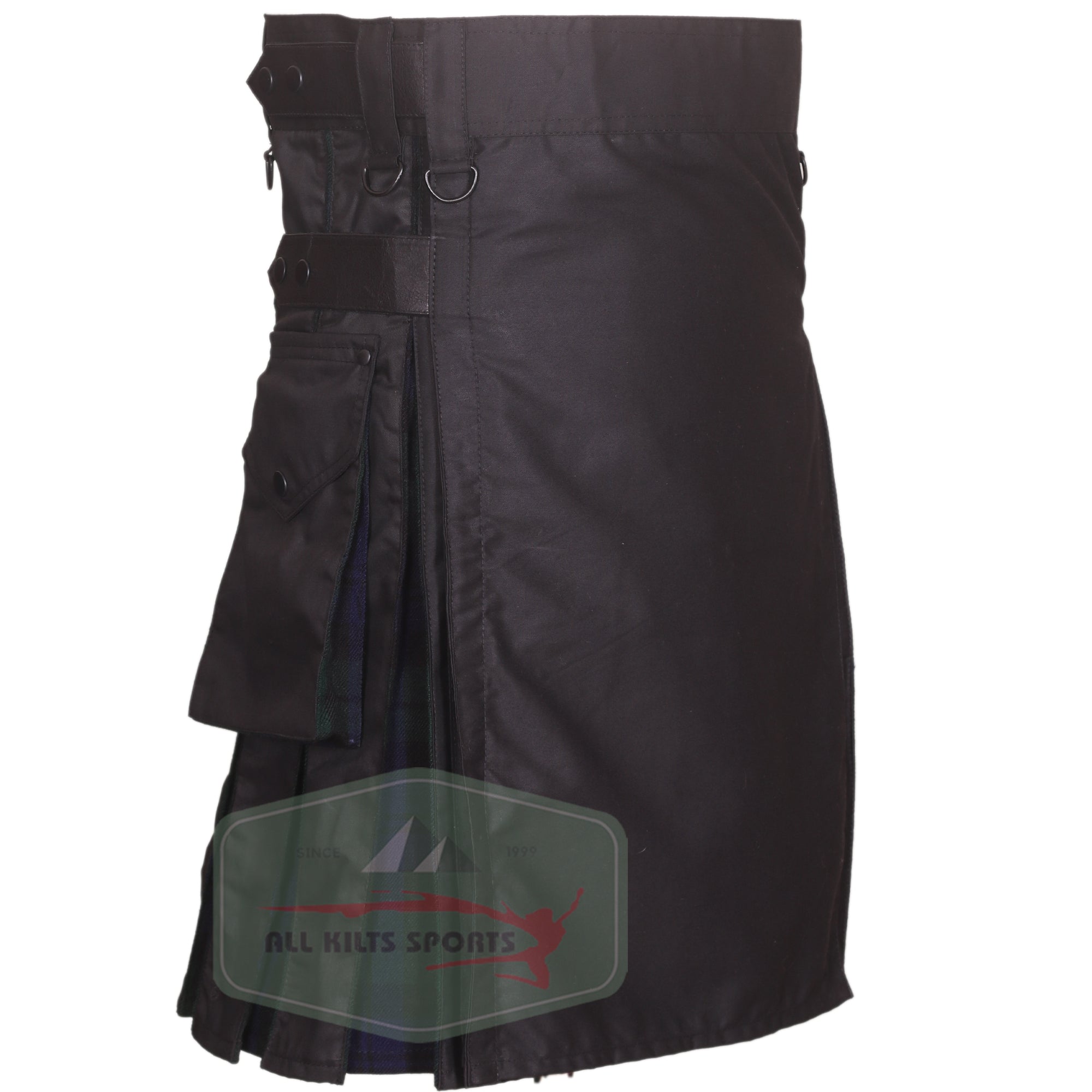 Black Hybrid Utility Kilt with Black Watch Tartan Pleats – Available in Different Colors