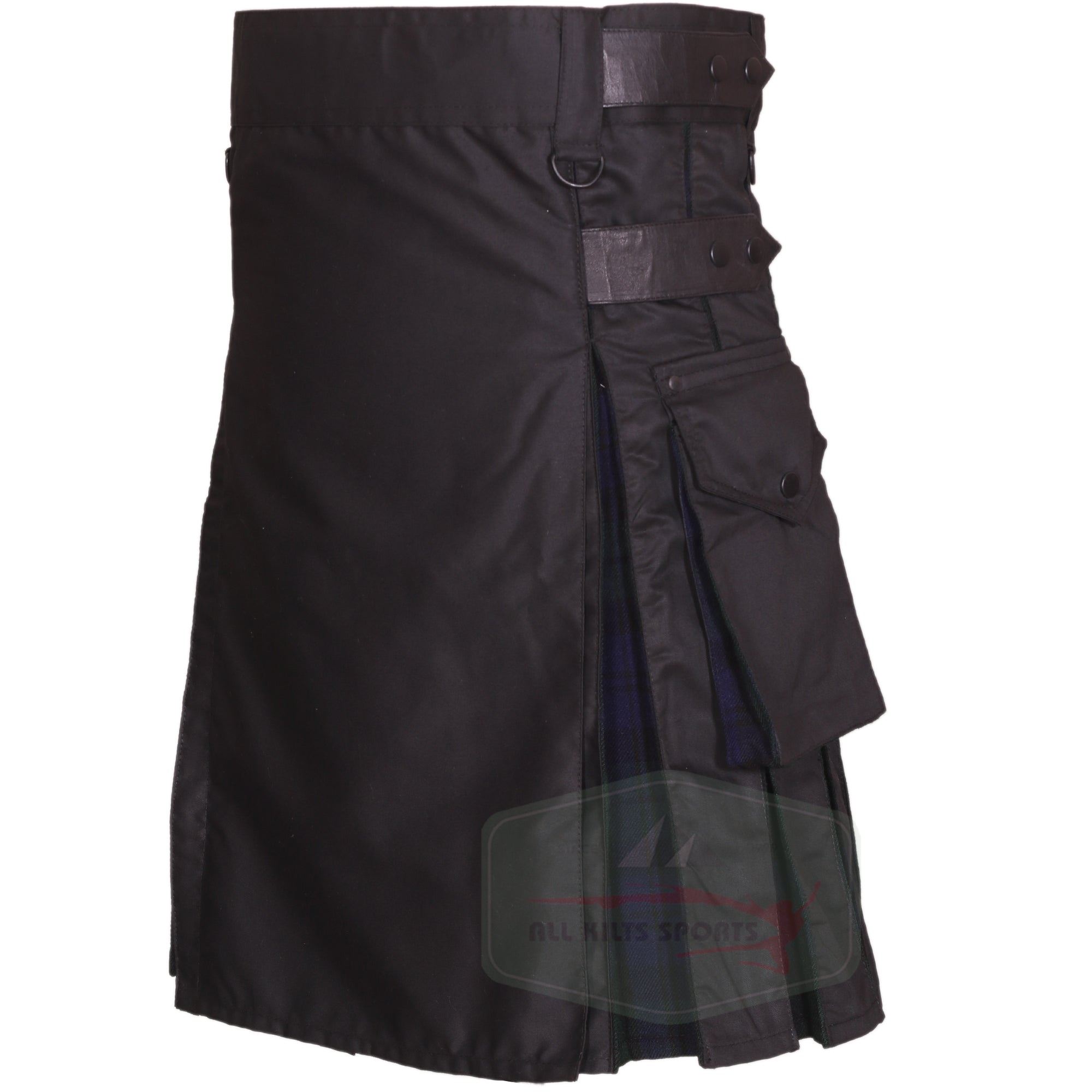 Black Hybrid Utility Kilt with Black Watch Tartan Pleats – Available in Different Colors