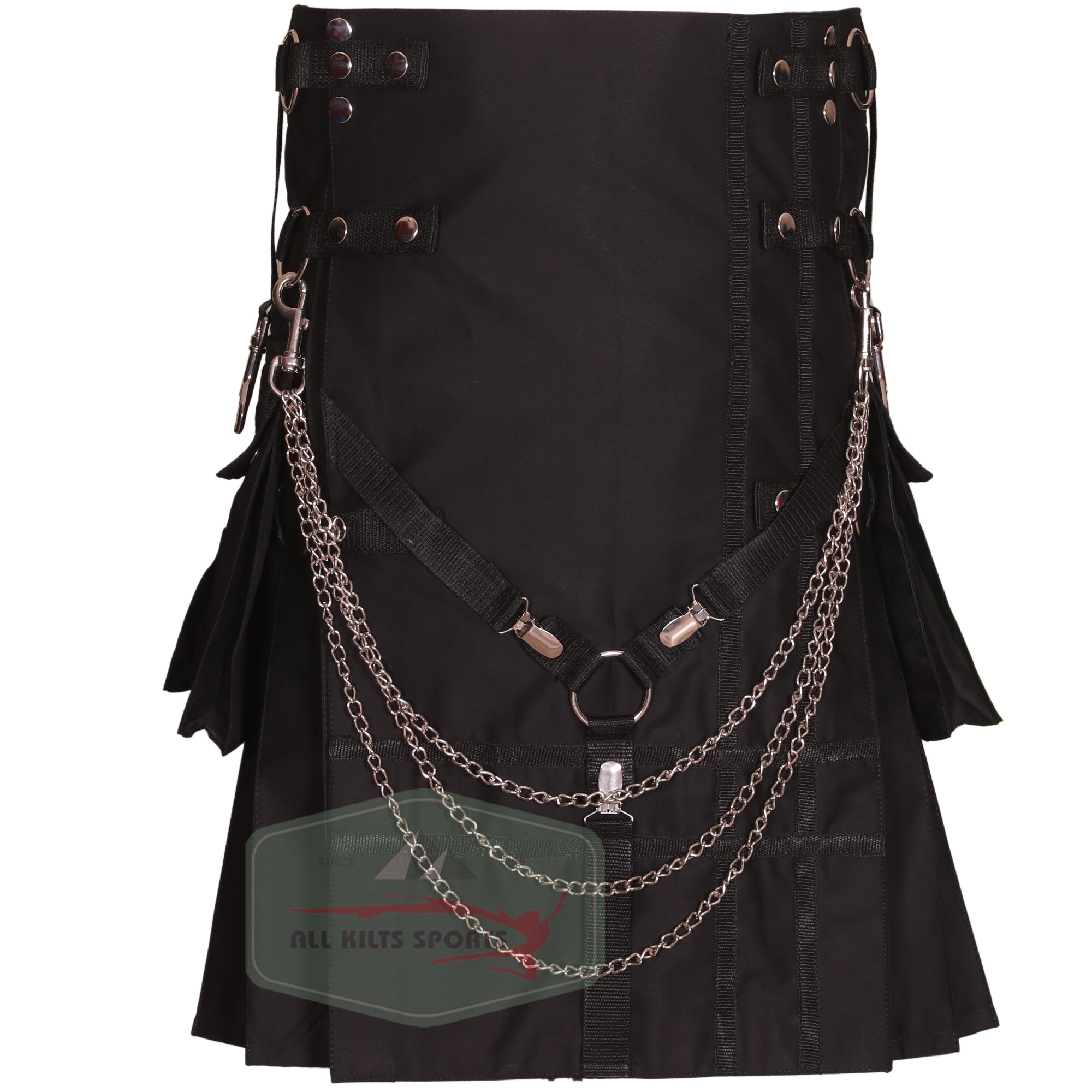 Black Gothic Utility Kilt with Chains and Straps - Stylish Modern Design