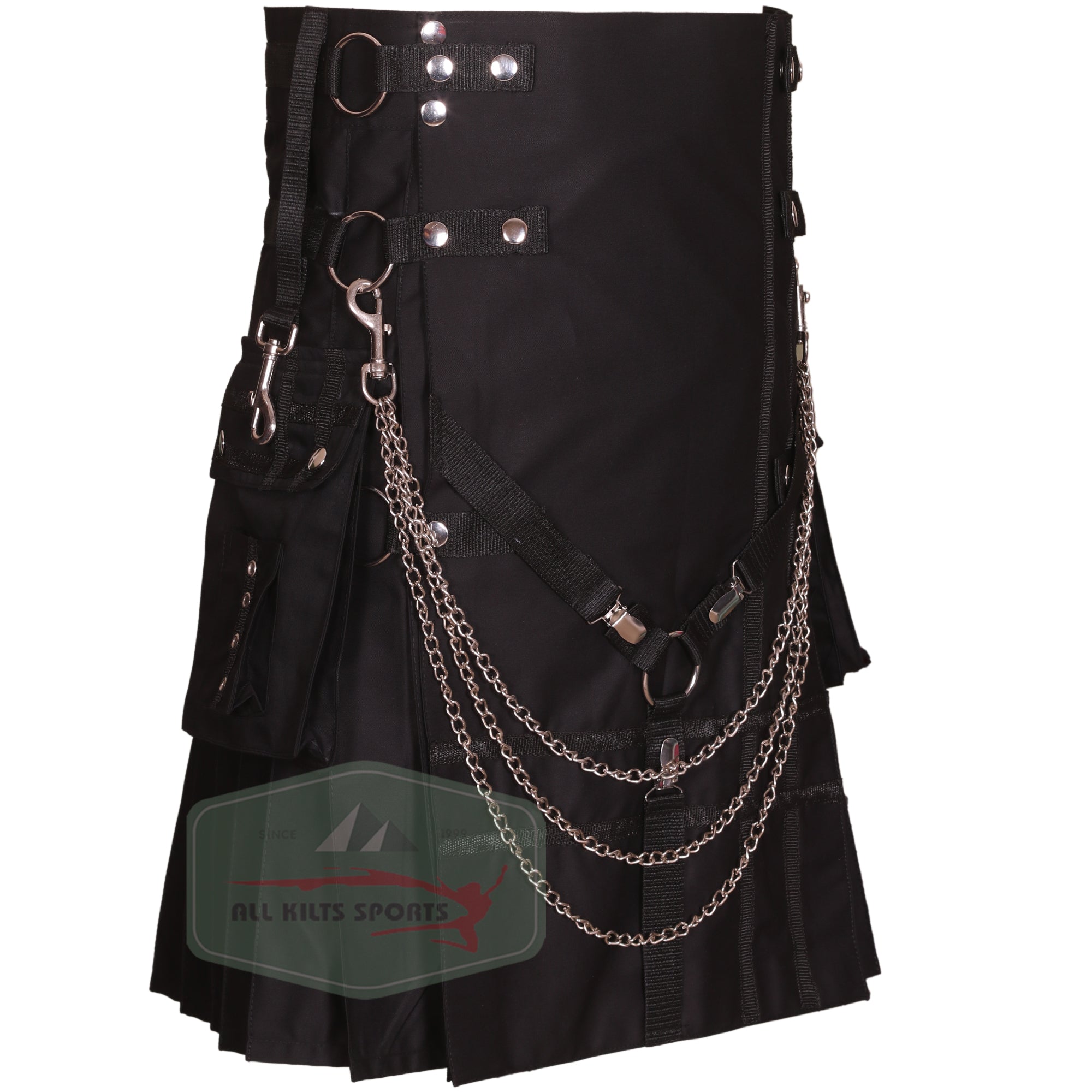 Black Gothic Utility Kilt with Chains and Straps - Stylish Modern Design