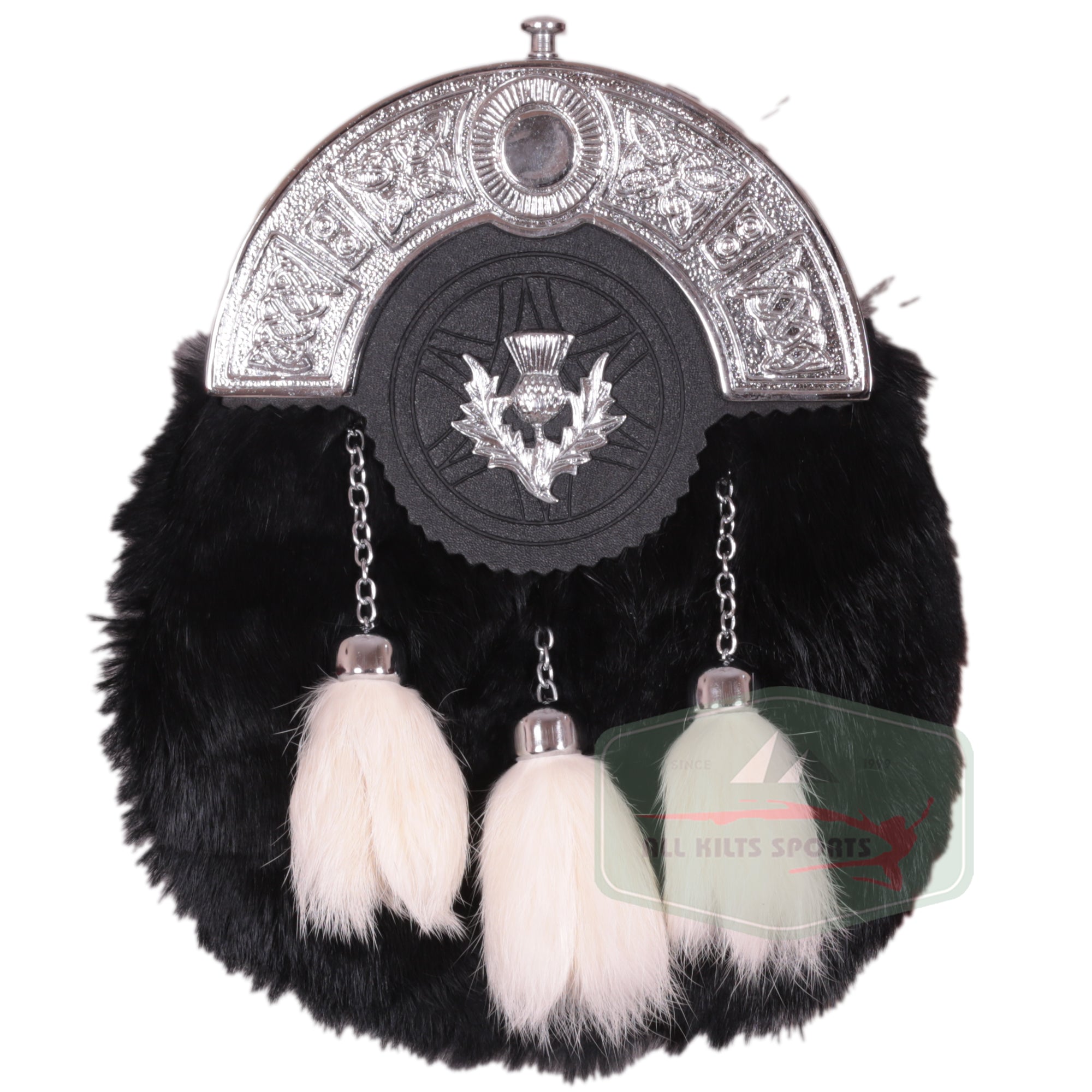 Black Rabbit Fur Sporran with Thistle Badge and White Tassels – Elegant Highland Accessory