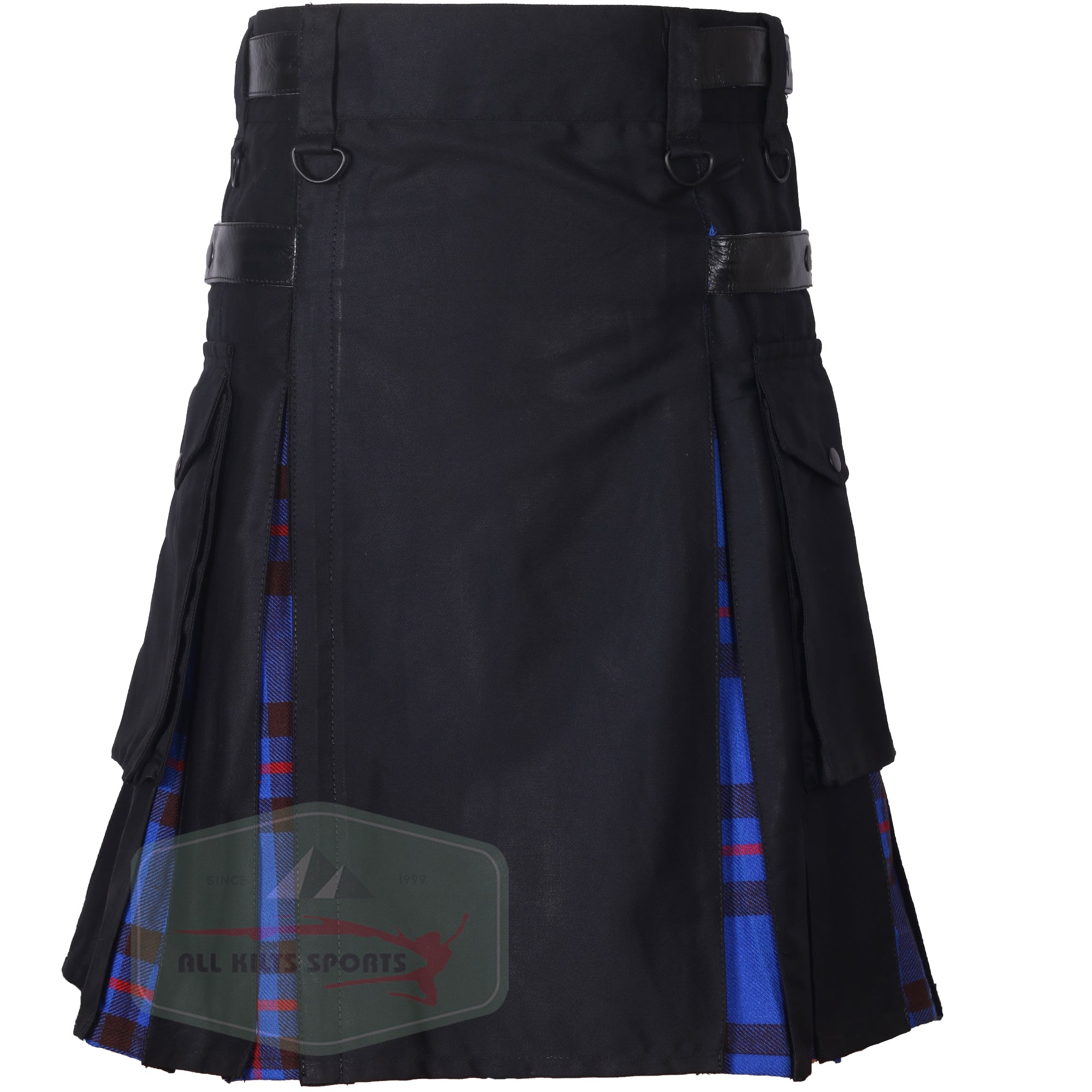 Men’s Black And In Pleats Elliot Modern Utility Kilt with Leather Straps and Cargo Pockets