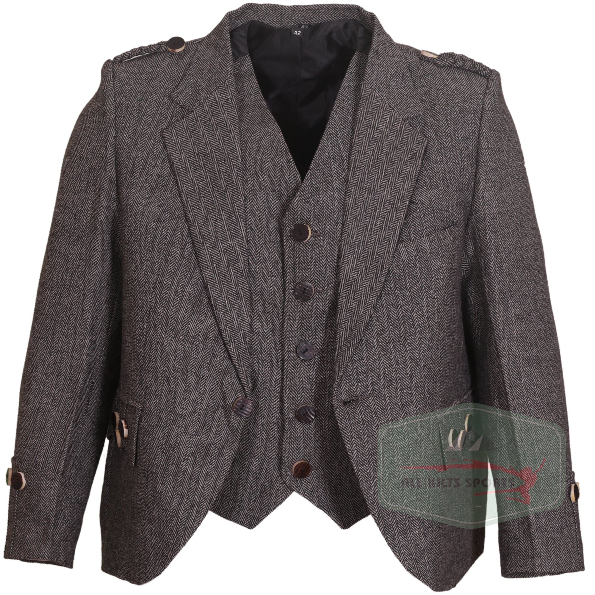 Grey Tweed Wool Argyle Kilt Jacket with 5 Button Waistcoat - Unique Stag Horn Buttons, Stylish Design, Customizable Fit