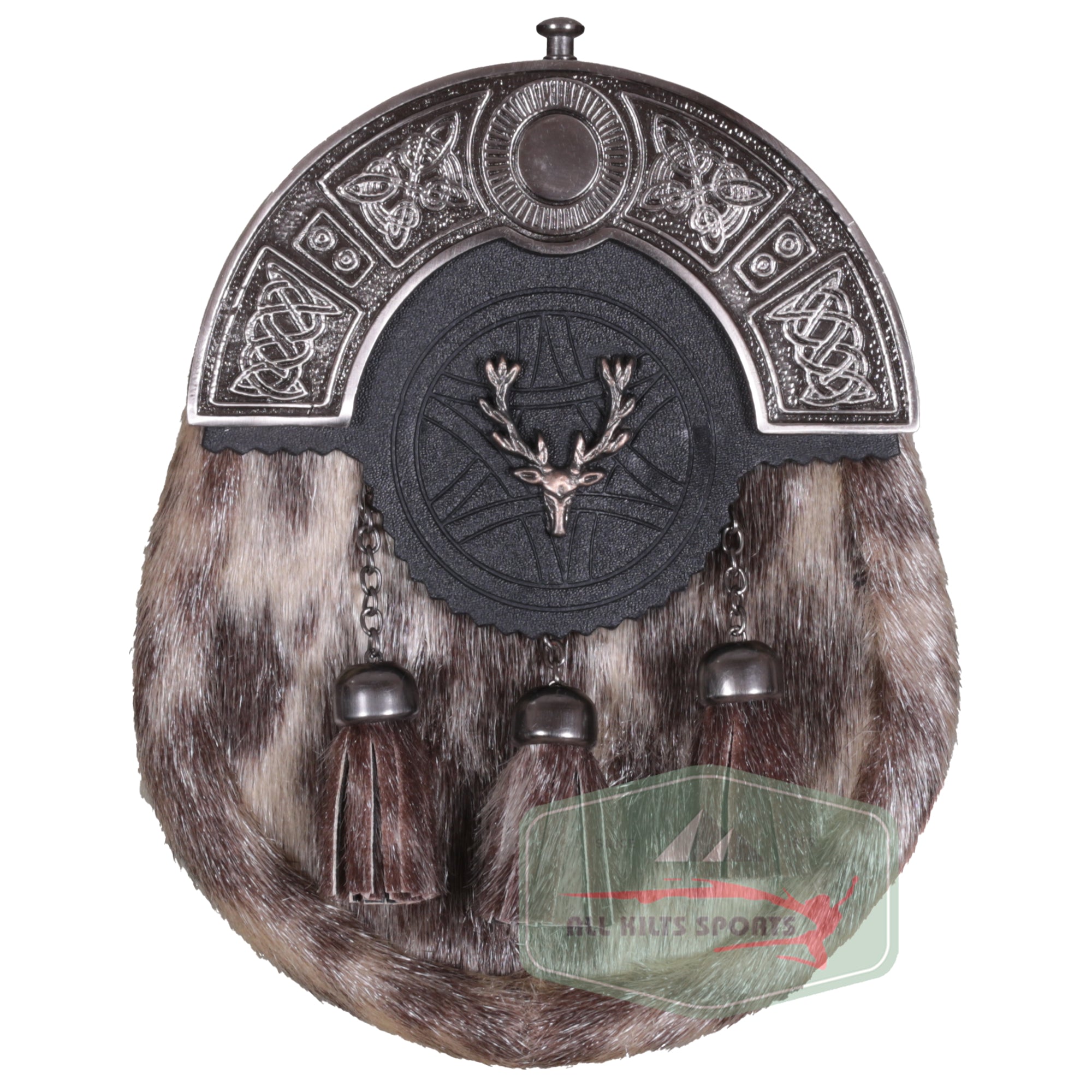 Traditional Fur Sporran with Stag Emblem and Celtic Embossed Cantle