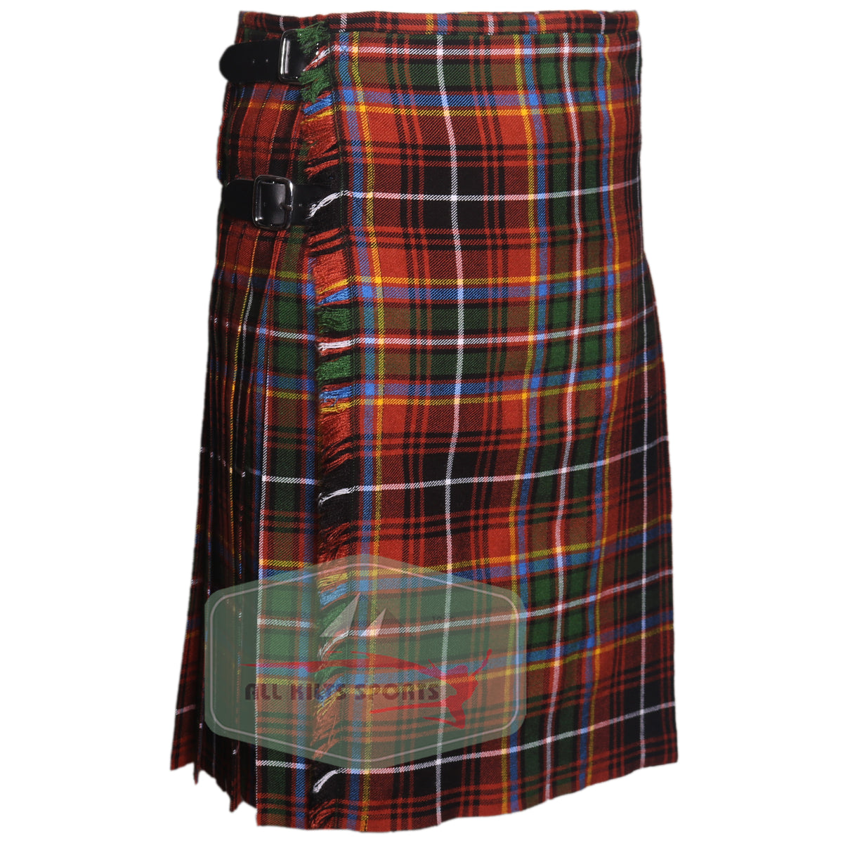 Innes Red Ancient Tartan kilt with classic knife pleats and leather strap closure, available in 8 and 5 yard styles.