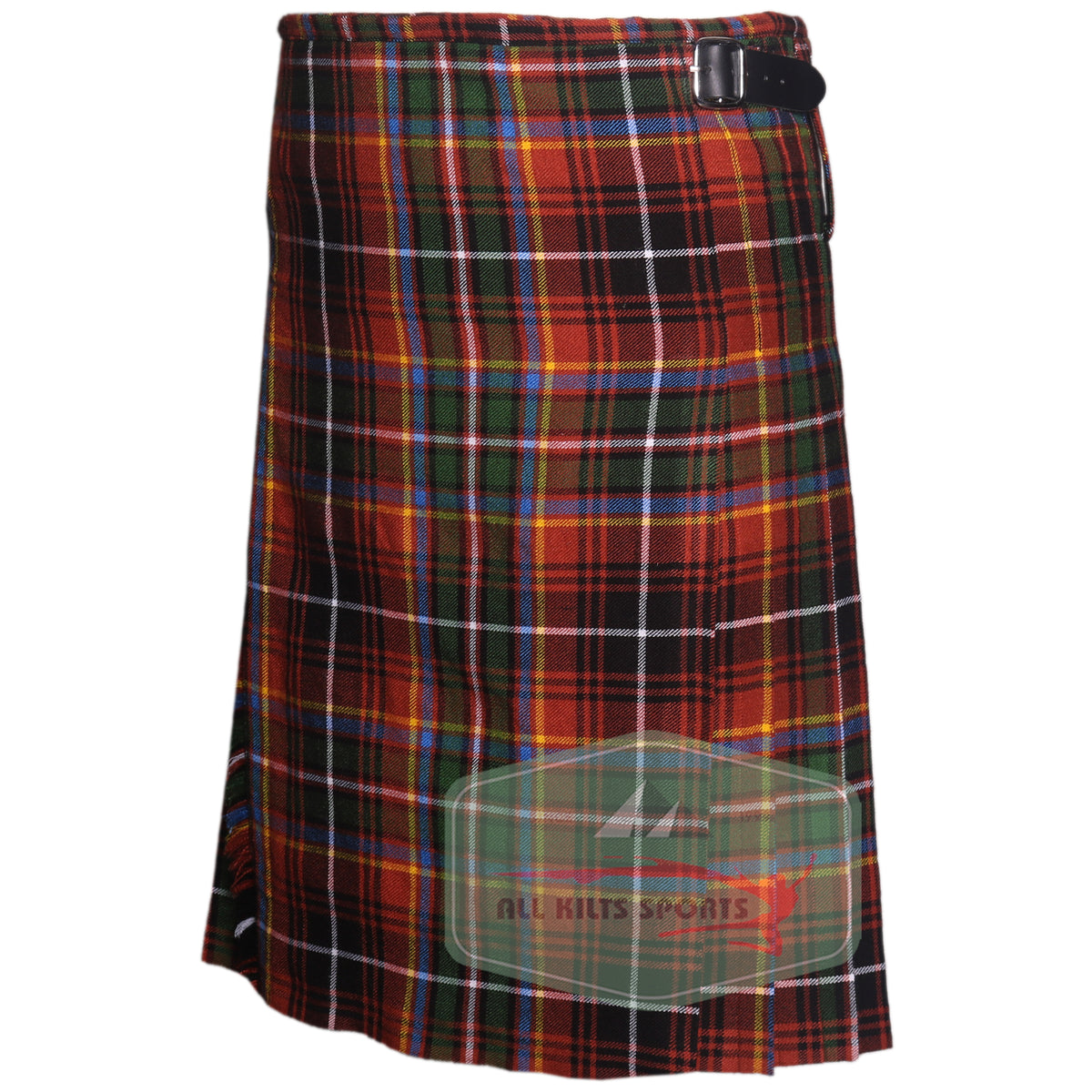 Innes Red Ancient Tartan kilt with classic knife pleats and leather strap closure, available in 8 and 5 yard styles.